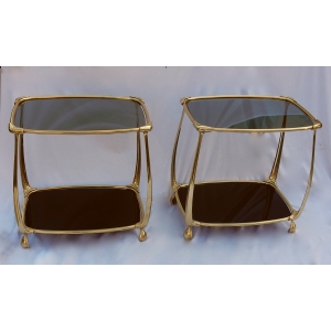 1970/80′ Paire de Tables en Bronze Doré à 2 Niveaux Style Art Nouveau Plateaux Verre et Opaline |||||||||