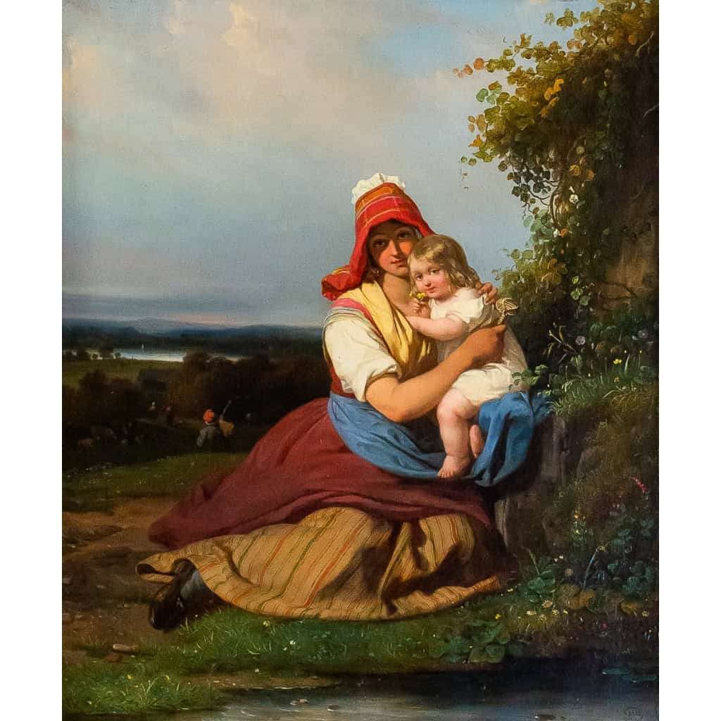 Julien Michel Gué (1789-1843) Portrait champêtre Femme et son Enfant huile sur toile époque Romantique vers 1820 Julien Michel Gué (1789-1843) Portrait champêtre Femme et son Enfant huile sur toile époque Romantique vers 1820