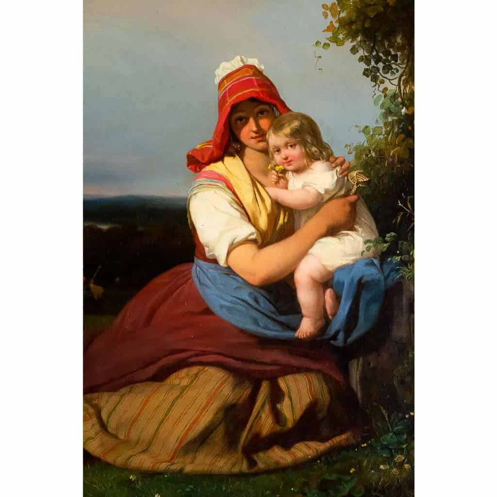 Julien Michel Gué (1789-1843) Portrait champêtre Femme et son Enfant huile sur toile époque Romantique vers 1820 Julien Michel Gué (1789-1843) Portrait champêtre Femme et son Enfant huile sur toile époque Romantique vers 1820