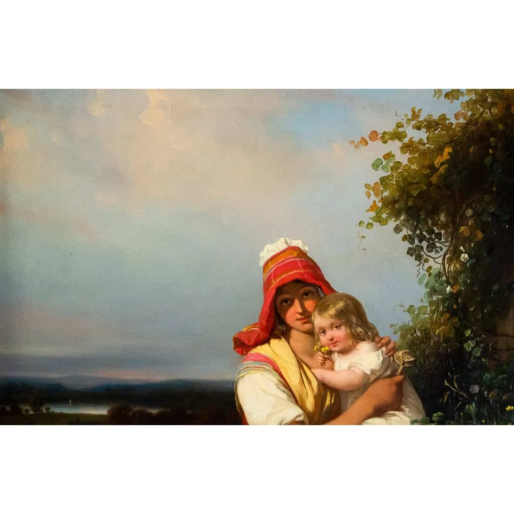 Julien Michel Gué (1789-1843) Portrait champêtre Femme et son Enfant huile sur toile époque Romantique vers 1820 Julien Michel Gué (1789-1843) Portrait champêtre Femme et son Enfant huile sur toile époque Romantique vers 1820