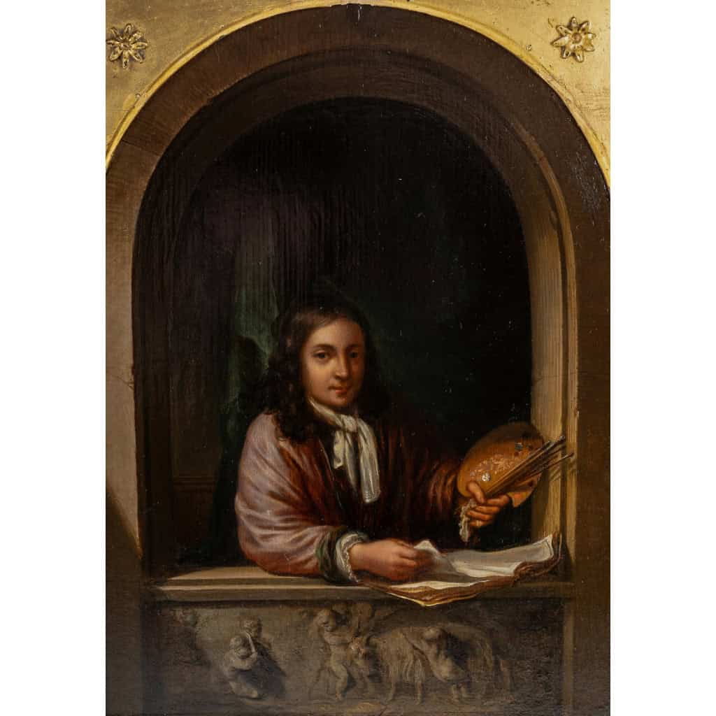 Willem Van Mieris (Suiveur de) Autoportrait d’un Peintre dans une alcove huile sur panneau Pays-Bas vers 1800 Willem Van Mieris (Suiveur de) Autoportrait d’un Peintre dans une alcove huile sur panneau Pays-Bas vers 1800