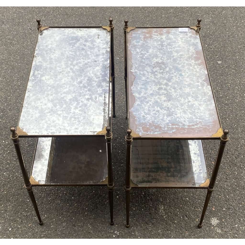 1950/70′ Paire de Tables Maison Jansen En Bronze Patiné Avec Plateaux Miroirs Vintage |||||||||||