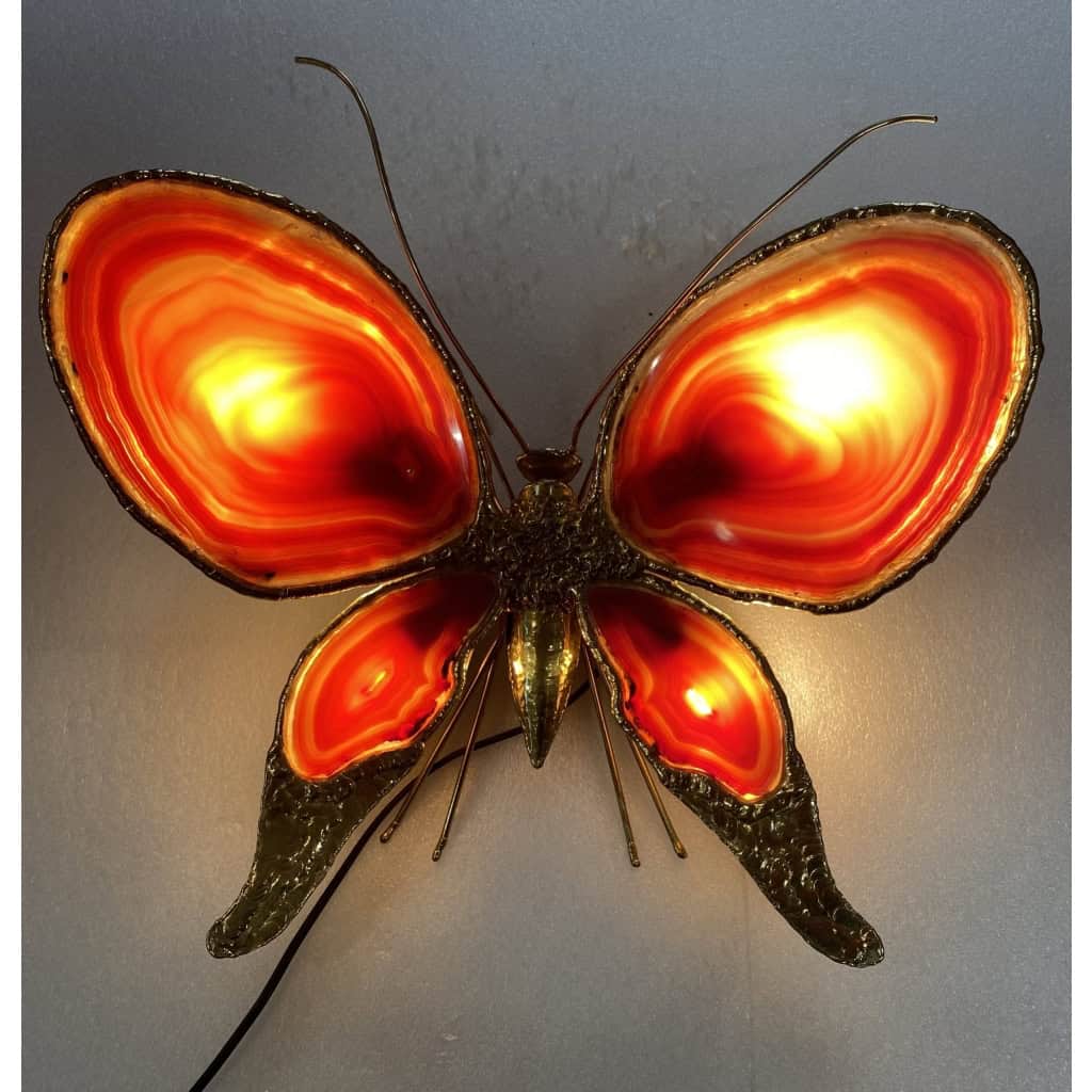 1970’ Applique Papillon en Bronze ou Laiton, Duval Brasseur Ou Isabelle Faure, 4 Ampoules, Ailes d’Agate ||||||||||||||