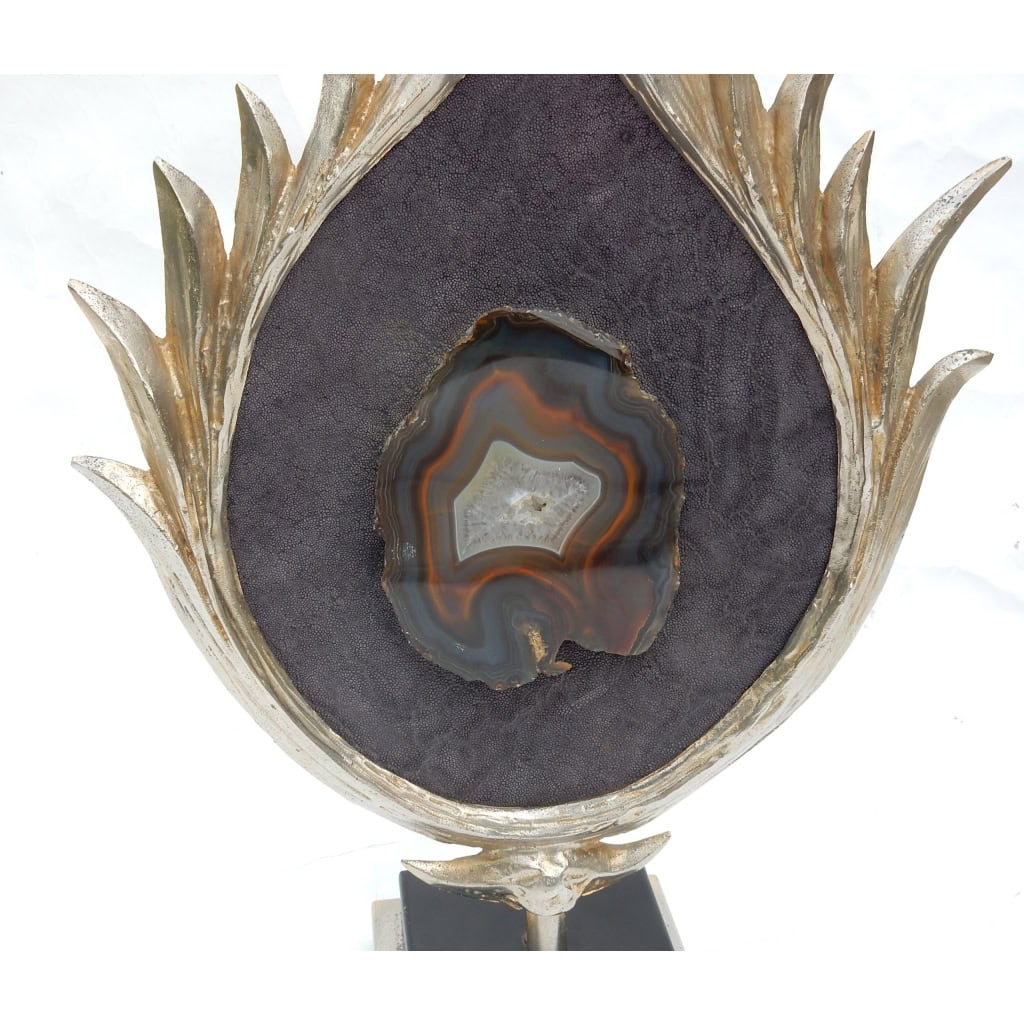 1970′ Lampe Décor Lotus, Bronze Argenté, Galuchat, Agate, Duval Brasseur Non Signée 1970′ Lampe Décor Lotus, Bronze Argenté, Galuchat, Agate, Duval Brasseur Non Signée