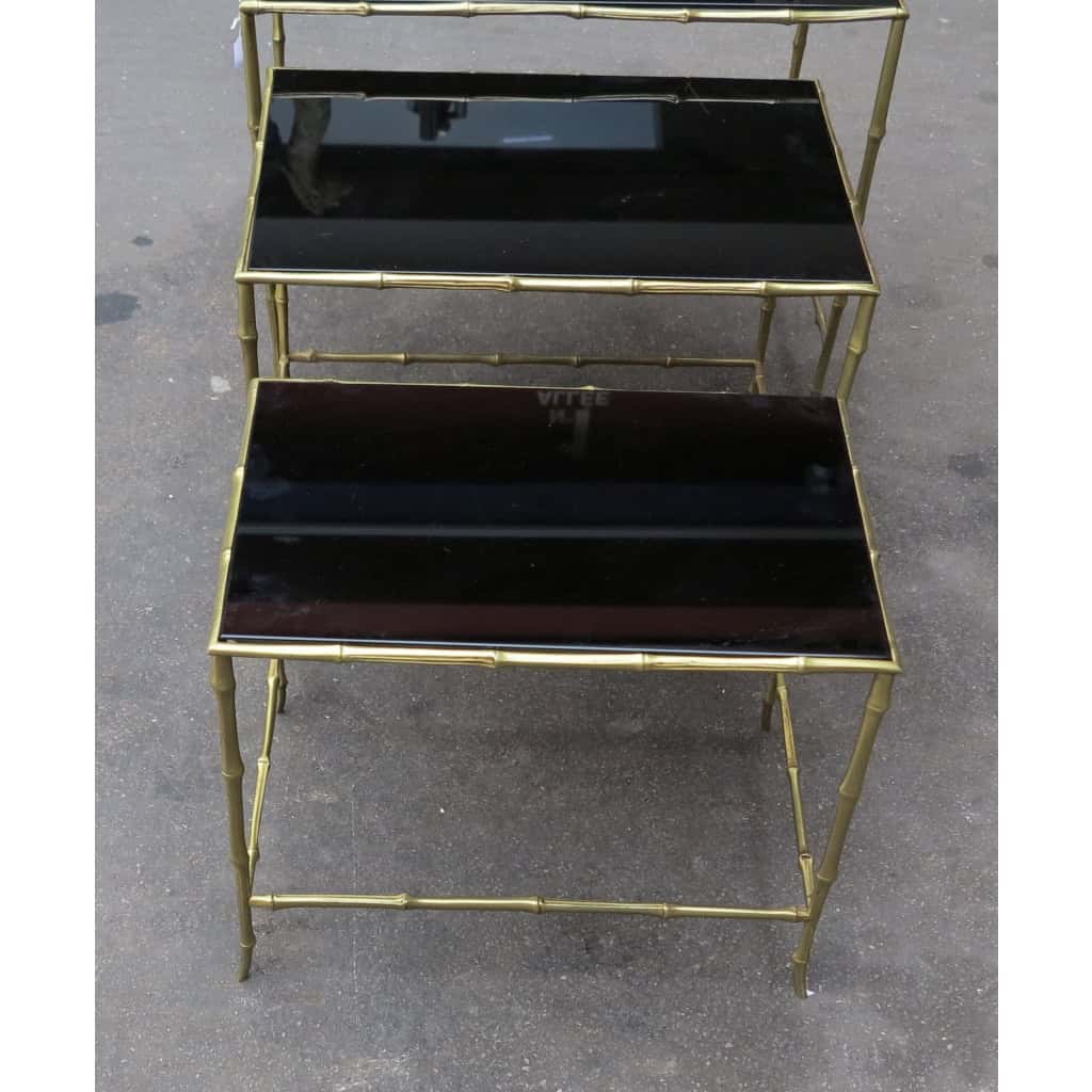 1950/70 Série de 3 Tables Gigognes Modèle Bambou avec Opaline Noire Maison Baguès 1950/70 Série de 3 Tables Gigognes Modèle Bambou avec Opaline Noire Maison Baguès