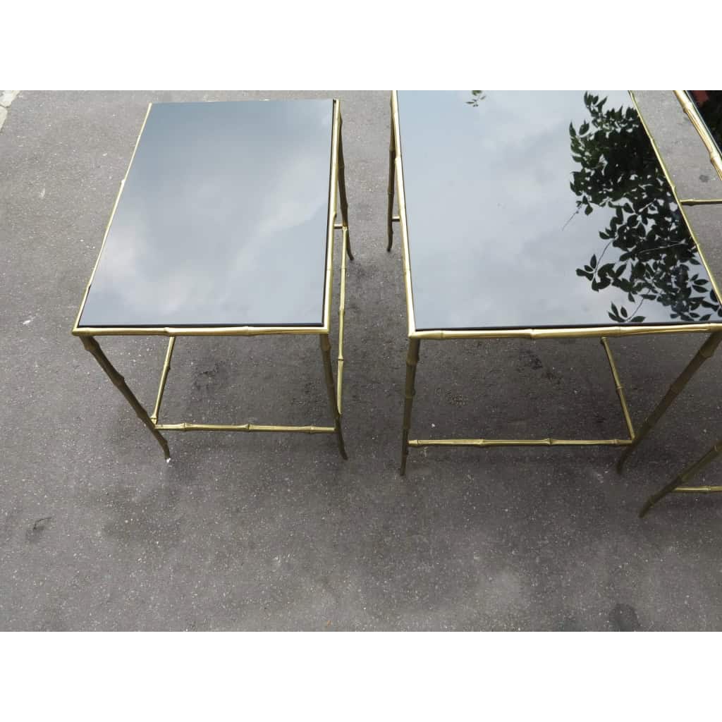 1950/70 Série de 3 Tables Gigognes Modèle Bambou avec Opaline Noire Maison Baguès 1950/70 Série de 3 Tables Gigognes Modèle Bambou avec Opaline Noire Maison Baguès