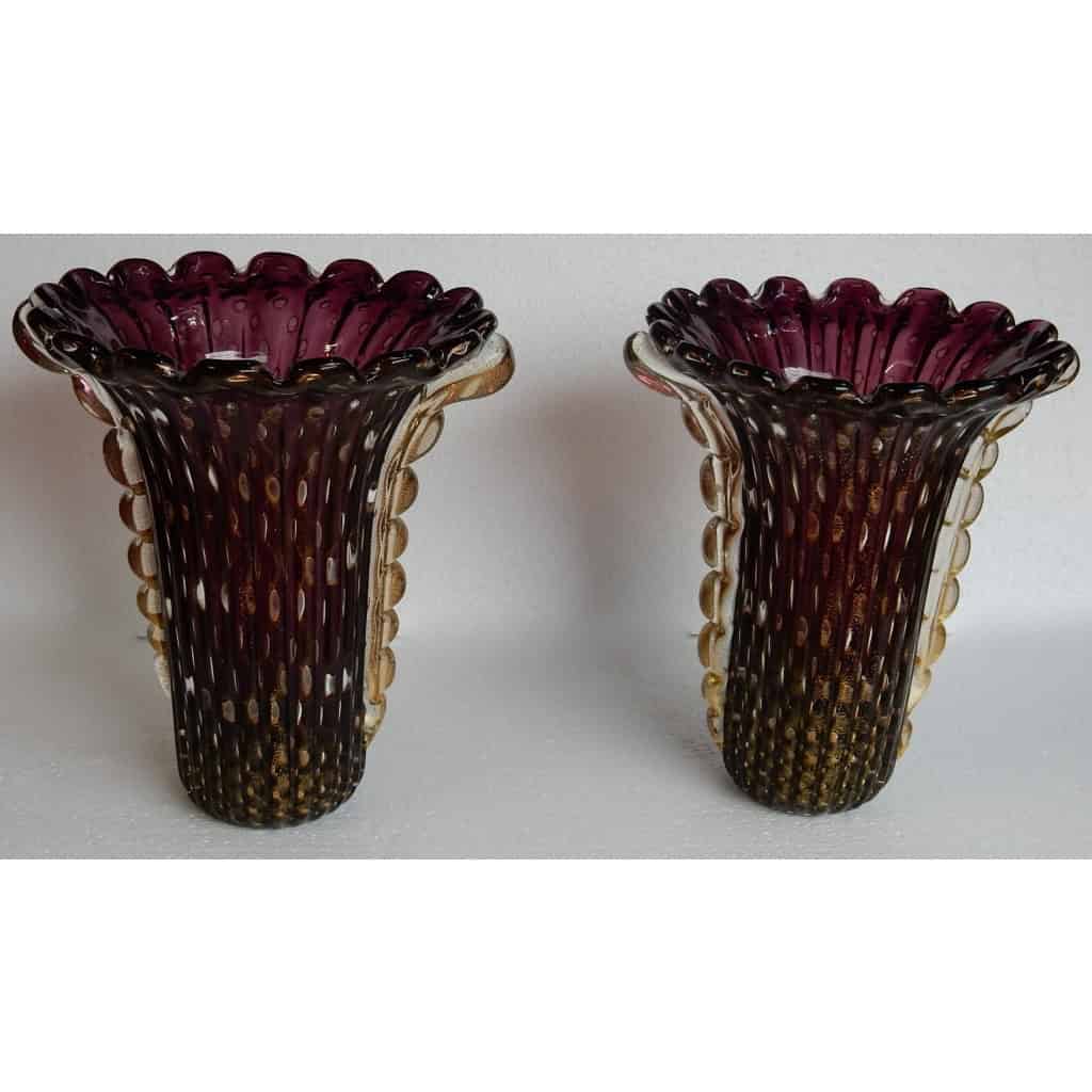 1970′ Paire de Vases Cristal Murano Violine et Or Signés Toso |||||||||||