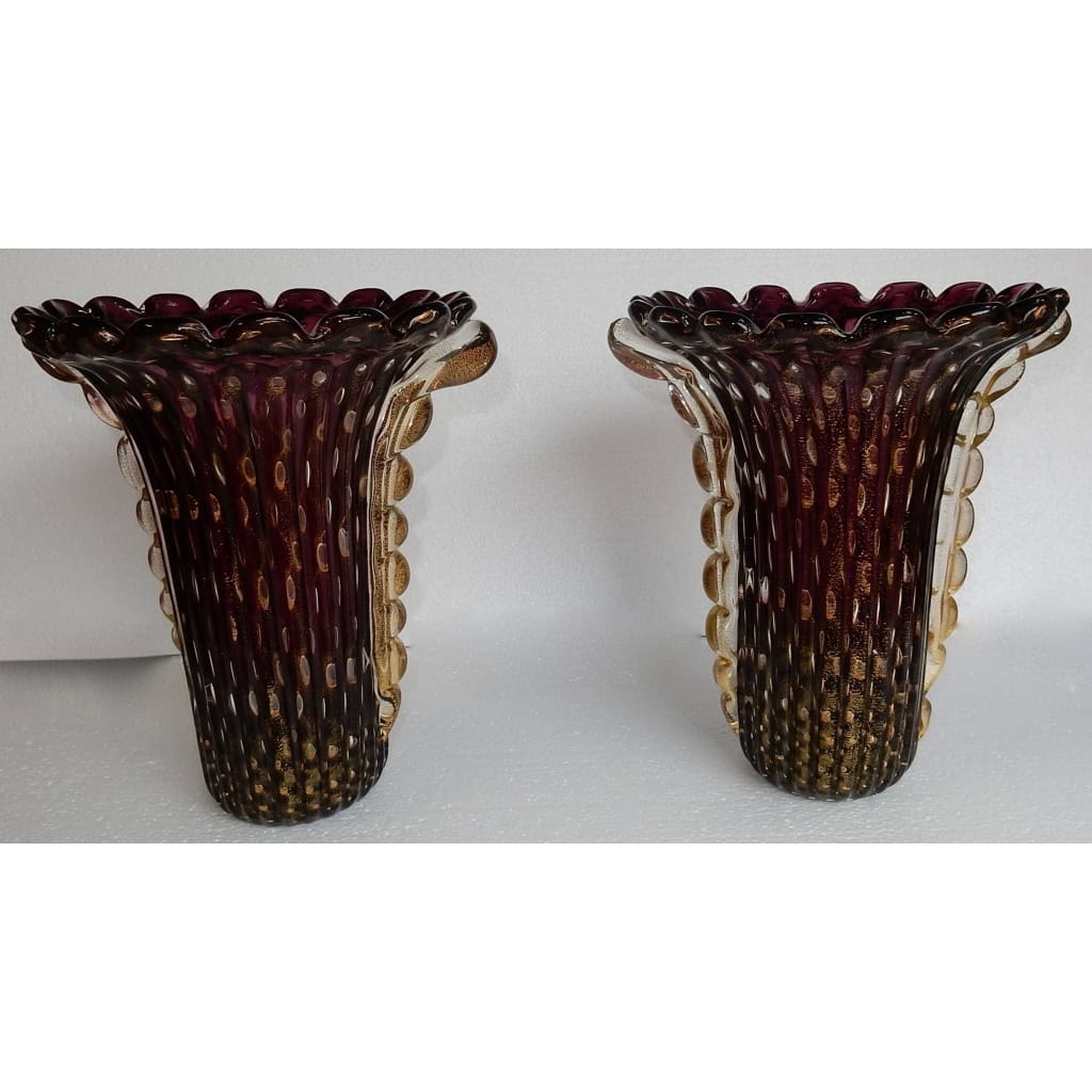 1970′ Paire de Vases Cristal Murano Violine et Or Signés Toso 1970′ Paire de Vases Cristal Murano Violine et Or Signés Toso