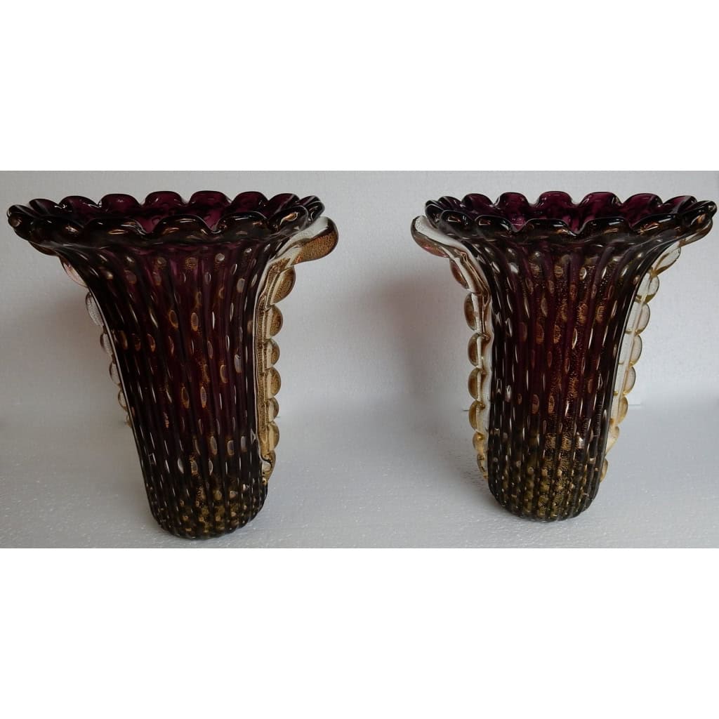 1970′ Paire de Vases Cristal Murano Violine et Or Signés Toso 1970′ Paire de Vases Cristal Murano Violine et Or Signés Toso