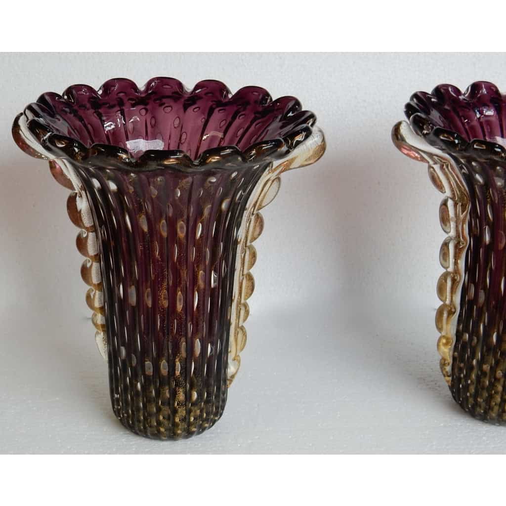 1970′ Paire de Vases Cristal Murano Violine et Or Signés Toso 1970′ Paire de Vases Cristal Murano Violine et Or Signés Toso