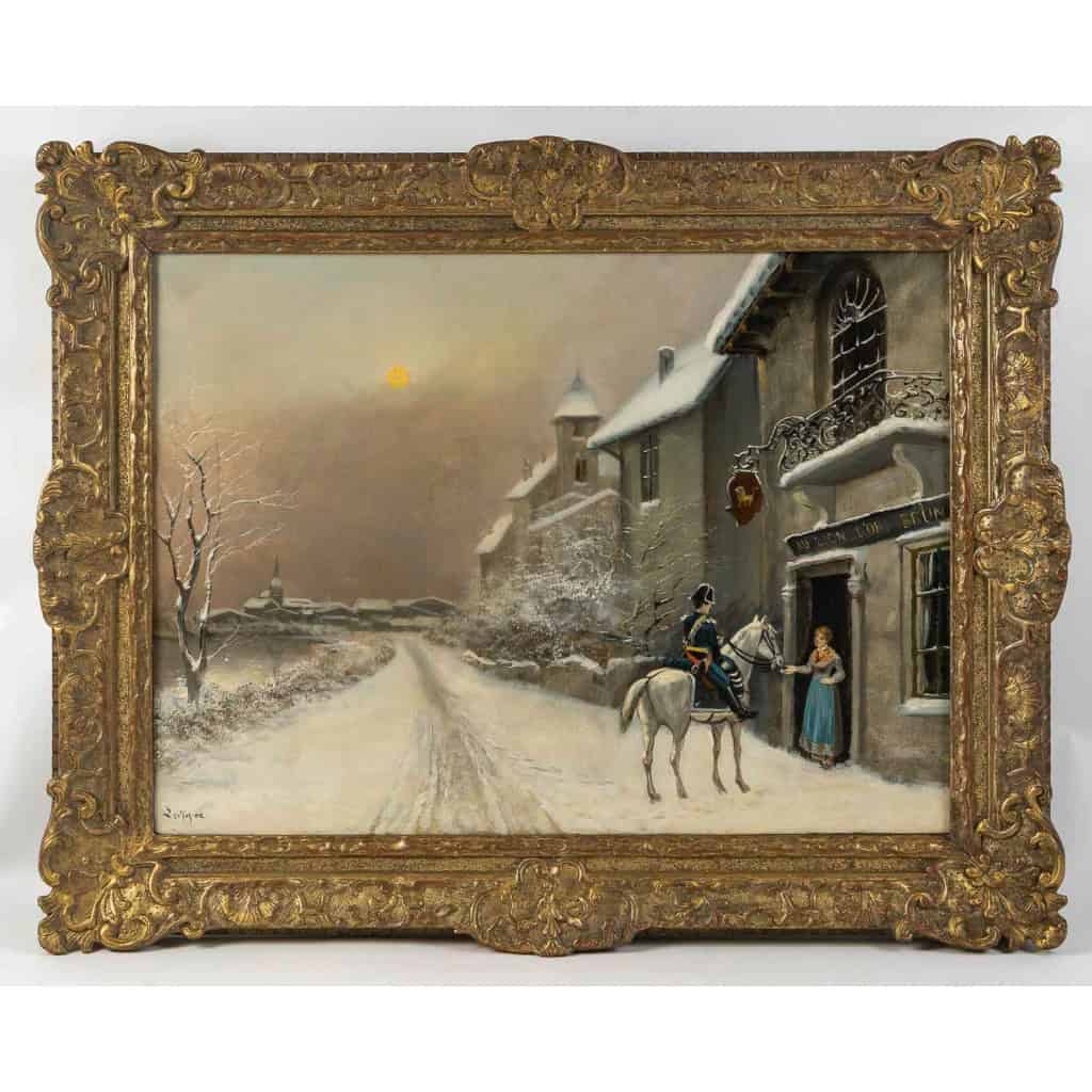 Théodore Levigne (1848-1912) Visite du gendarme au Lion d’Or sous la neige huile sur toile fin du XIXème siècle Théodore Levigne (1848-1912) Visite du gendarme au Lion d’Or sous la neige huile sur toile fin du XIXème siècle