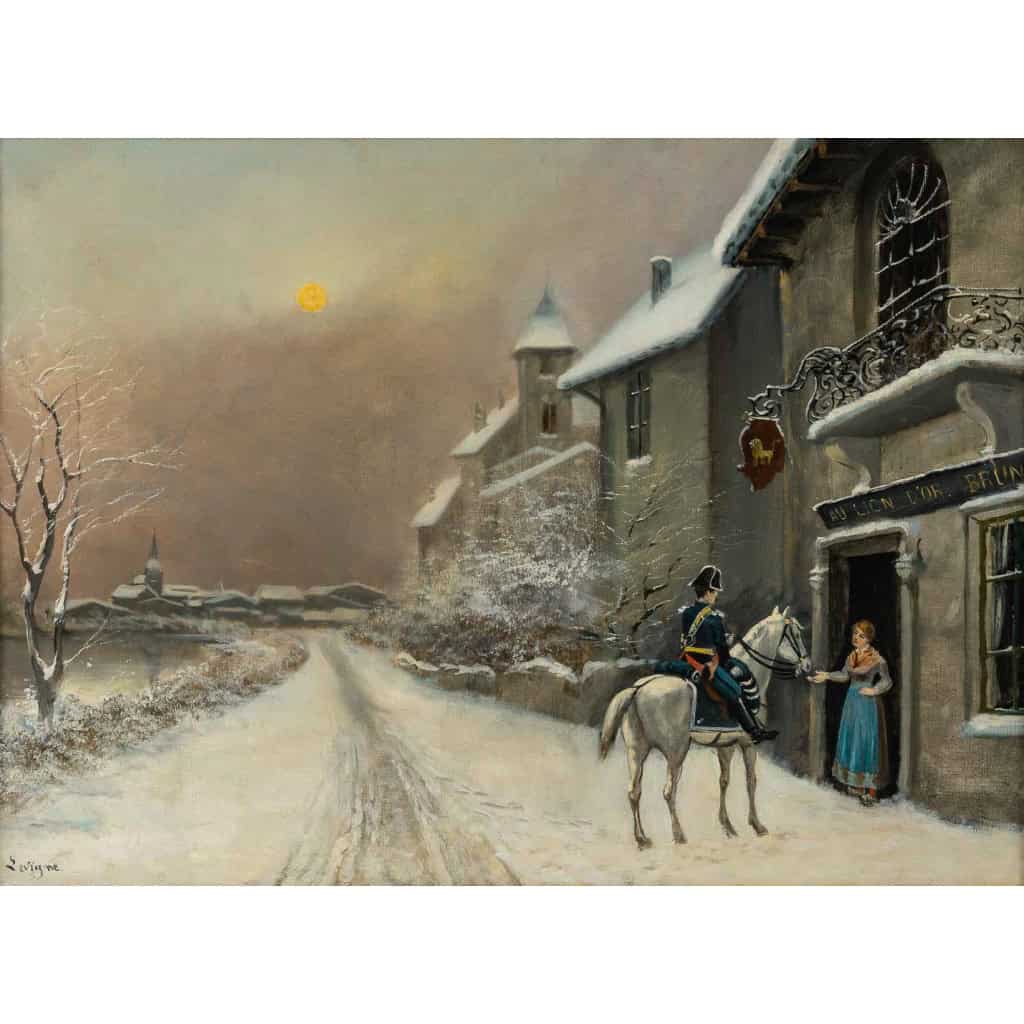 Théodore Levigne (1848-1912) Visite du gendarme au Lion d’Or sous la neige huile sur toile fin du XIXème siècle Théodore Levigne (1848-1912) Visite du gendarme au Lion d’Or sous la neige huile sur toile fin du XIXème siècle