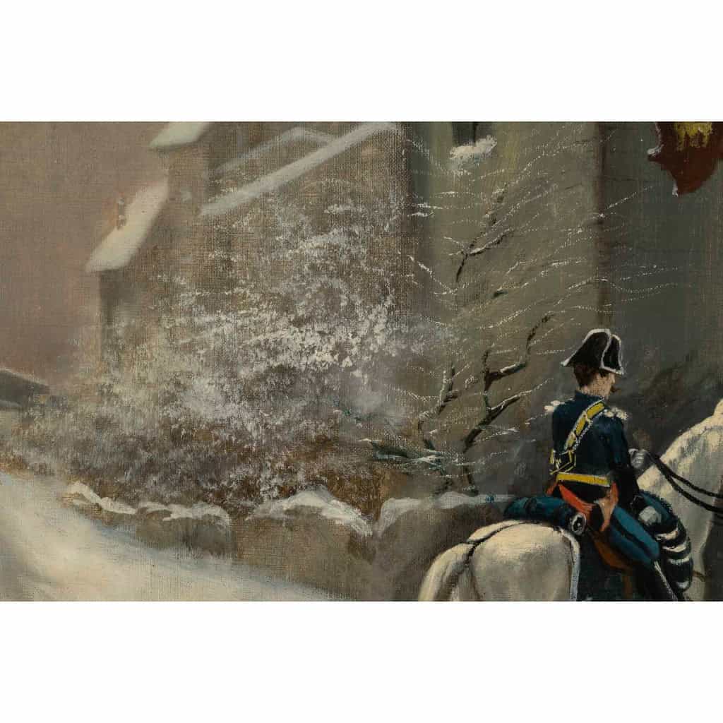 Théodore Levigne (1848-1912) Visite du gendarme au Lion d’Or sous la neige huile sur toile fin du XIXème siècle Théodore Levigne (1848-1912) Visite du gendarme au Lion d’Or sous la neige huile sur toile fin du XIXème siècle