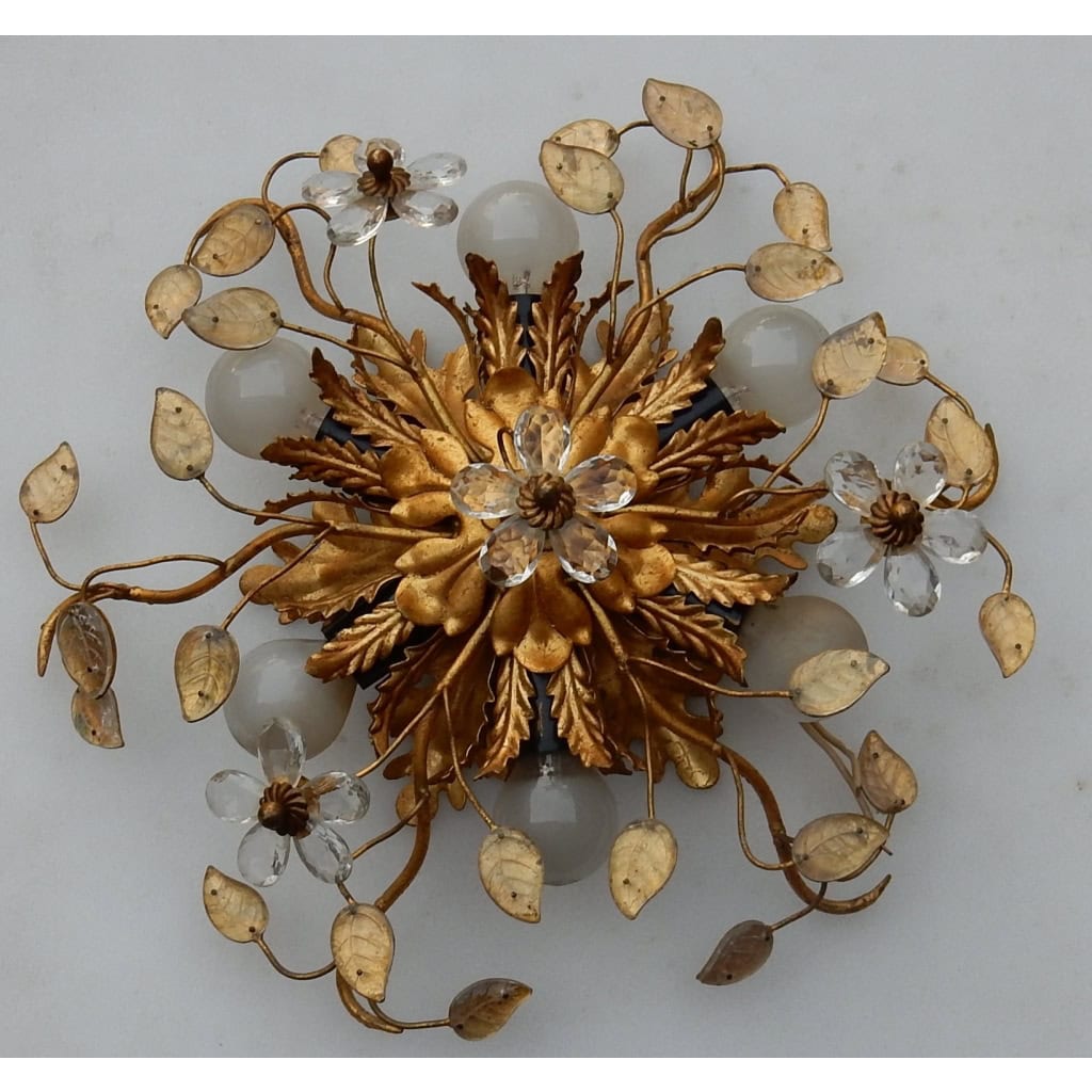 1970′ Paire ou Similaires de 2 Plafonniers ou Appliques à Décor de Fleurs et Feuilles en Métal Style Maison Baguès Feuilles en Verre 1970′ Paire ou Similaires de 2 Plafonniers ou Appliques à Décor de Fleurs et Feuilles en Métal Style Maison Baguès Feuilles en Verre