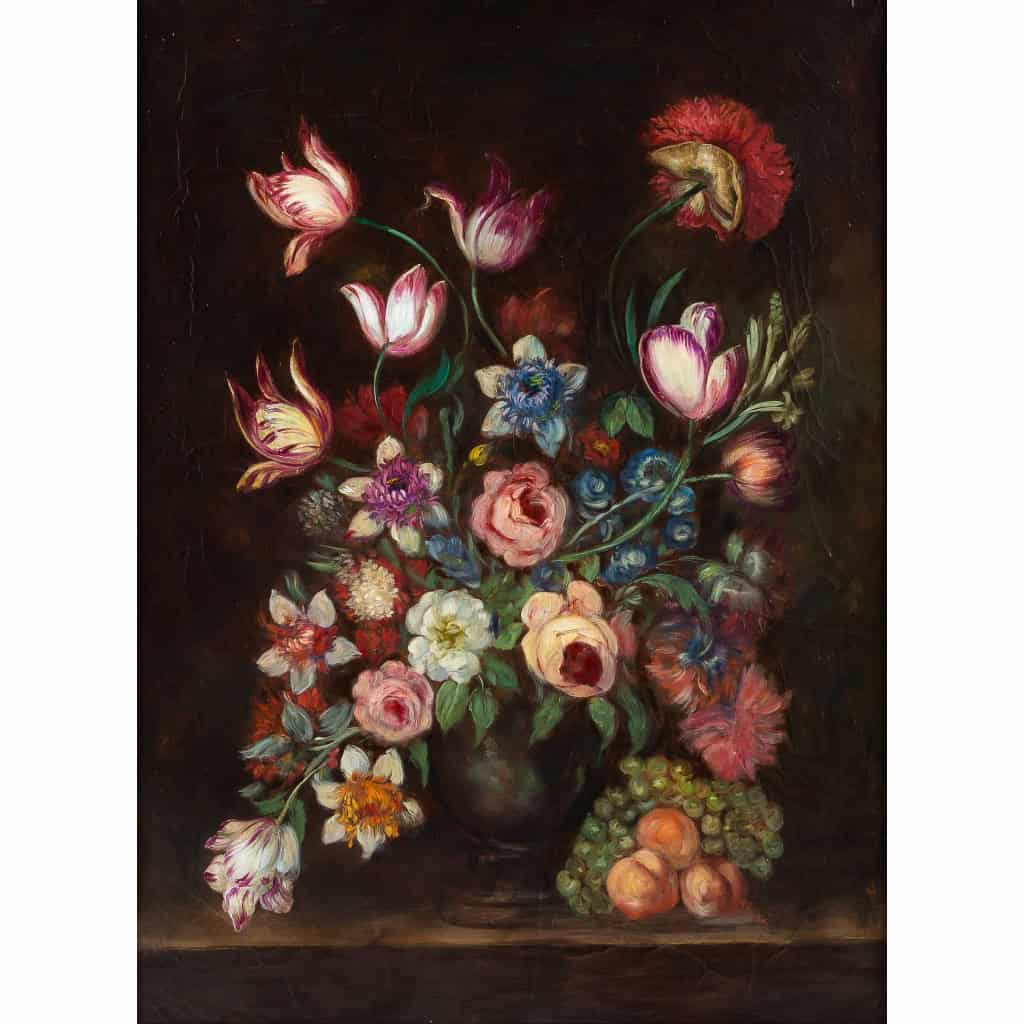 École française, Bouquet de tulipes, roses et fruits sur un entablement huile sur toile d'époque Napoléon III MLD Antiquités|MLD Antiquités|MLD Antiquités|MLD Antiquités|MLD Antiquités|MLD Antiquités|MLD Antiquités|MLD Antiquités|MLD Antiquités||