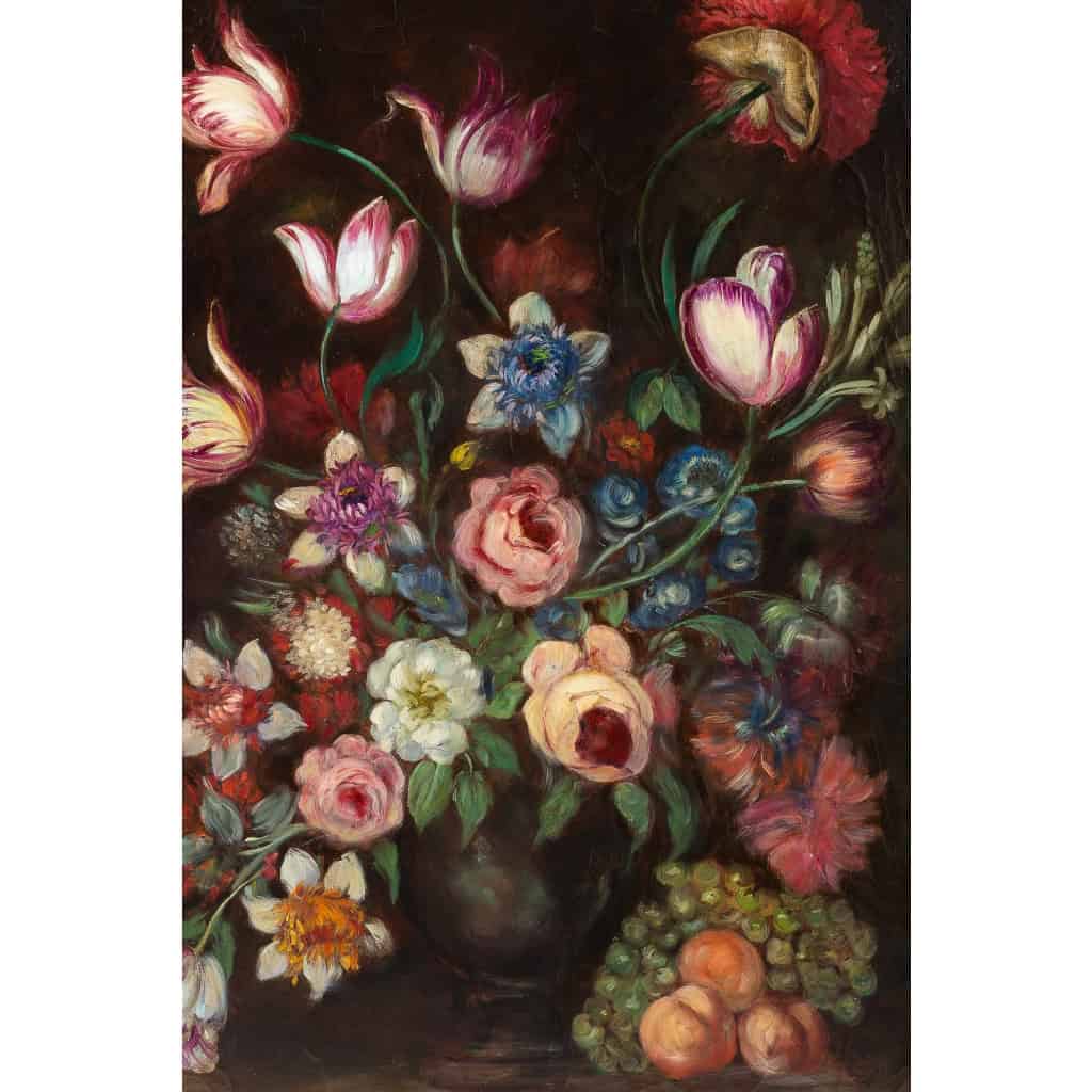 École française, Bouquet de tulipes, roses et fruits sur un entablement huile sur toile d'époque Napoléon III École française, Bouquet de tulipes, roses et fruits sur un entablement huile sur toile d'époque Napoléon III