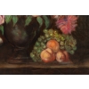 École française, Bouquet de tulipes, roses et fruits sur un entablement huile sur toile d'époque Napoléon III École française, Bouquet de tulipes, roses et fruits sur un entablement huile sur toile d'époque Napoléon III