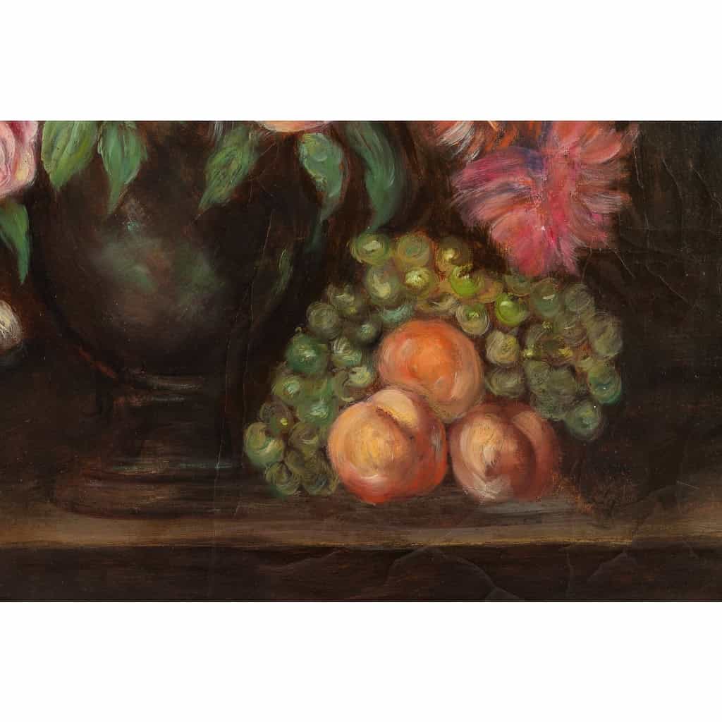 École française, Bouquet de tulipes, roses et fruits sur un entablement huile sur toile d'époque Napoléon III École française, Bouquet de tulipes, roses et fruits sur un entablement huile sur toile d'époque Napoléon III