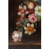 École française, Bouquet de tulipes, roses et fruits sur un entablement huile sur toile d'époque Napoléon III École française, Bouquet de tulipes, roses et fruits sur un entablement huile sur toile d'époque Napoléon III