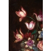 École française, Bouquet de tulipes, roses et fruits sur un entablement huile sur toile d'époque Napoléon III École française, Bouquet de tulipes, roses et fruits sur un entablement huile sur toile d'époque Napoléon III