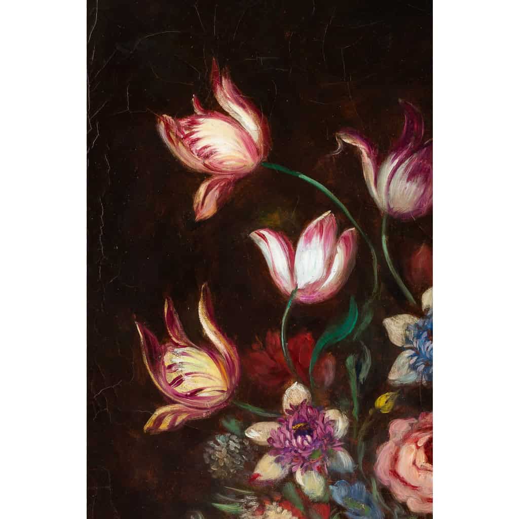 École française, Bouquet de tulipes, roses et fruits sur un entablement huile sur toile d'époque Napoléon III École française, Bouquet de tulipes, roses et fruits sur un entablement huile sur toile d'époque Napoléon III