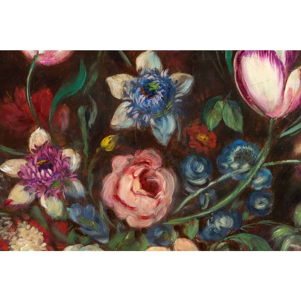 École française, Bouquet de tulipes, roses et fruits sur un entablement huile sur toile d'époque Napoléon III École française, Bouquet de tulipes, roses et fruits sur un entablement huile sur toile d'époque Napoléon III