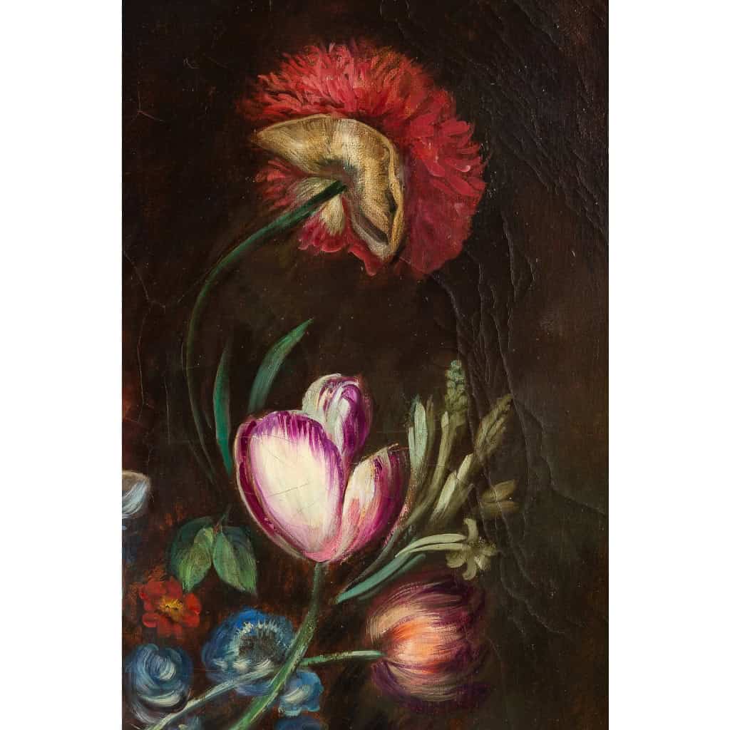 École française, Bouquet de tulipes, roses et fruits sur un entablement huile sur toile d'époque Napoléon III École française, Bouquet de tulipes, roses et fruits sur un entablement huile sur toile d'époque Napoléon III