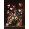 École française, Bouquet de tulipes, roses et fruits sur un entablement huile sur toile d'époque Napoléon III École française, Bouquet de tulipes, roses et fruits sur un entablement huile sur toile d'époque Napoléon III