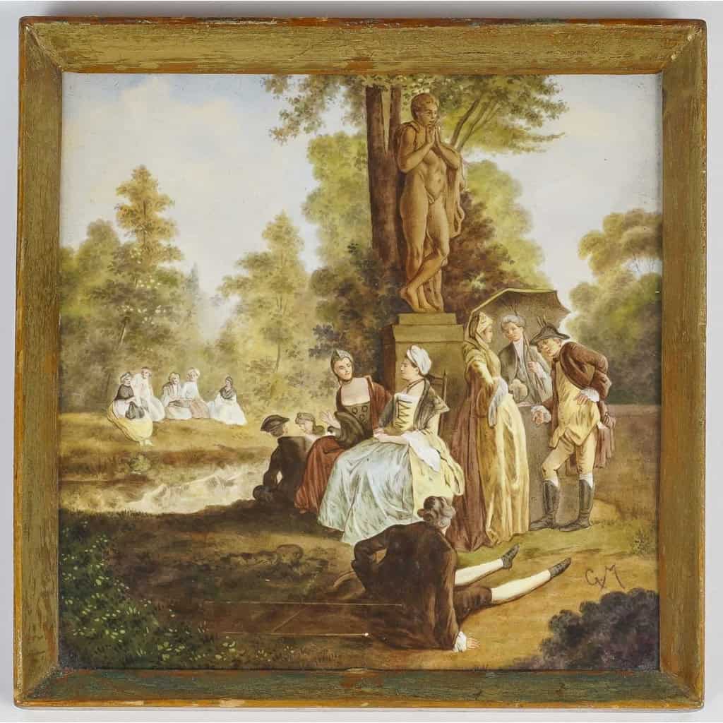 Scène galante, peinte sur porcelaine, signée G.M, travail français du XIXe siècle dans le goût de Watteau. ||||||||