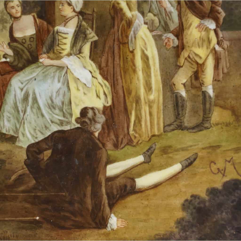 Scène galante, peinte sur porcelaine, signée G.M, travail français du XIXe siècle dans le goût de Watteau. Scène galante, peinte sur porcelaine, signée G.M, travail français du XIXe siècle dans le goût de Watteau.