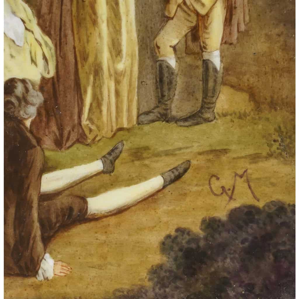 Scène galante, peinte sur porcelaine, signée G.M, travail français du XIXe siècle dans le goût de Watteau. Scène galante, peinte sur porcelaine, signée G.M, travail français du XIXe siècle dans le goût de Watteau.