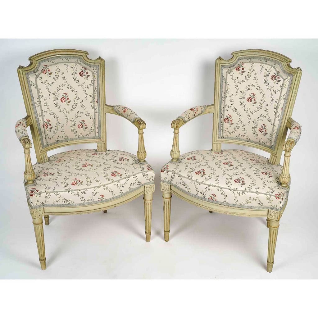 Jean-Baptiste Boulard (1725-1789) Paire de fauteuils en bois sculpté et laqué d’époque Louis XVI Jean-Baptiste Boulard (1725-1789) Paire de fauteuils en bois sculpté et laqué d’époque Louis XVI