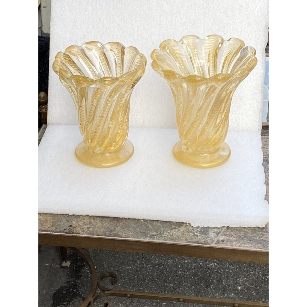 1970′ Vases Similaires Torsadés Cristal Murano Avec Paillons D’ Or Murano 1970′ Vases Similaires Torsadés Cristal Murano Avec Paillons D’ Or Murano