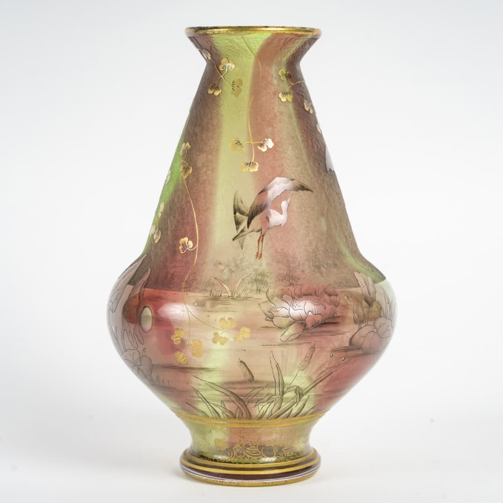 Daum Nancy - Rare Vase Aux Herons Ou Aux Grues, Roseaux Et Nénuphars, Pâte De Verre Art Nouveau |||||||||