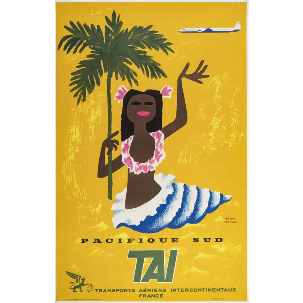 Affiche Originale, Morvan, TAI Pacifique Sud, Tahiti, Coquillage, Palmier, 1955 ||||||