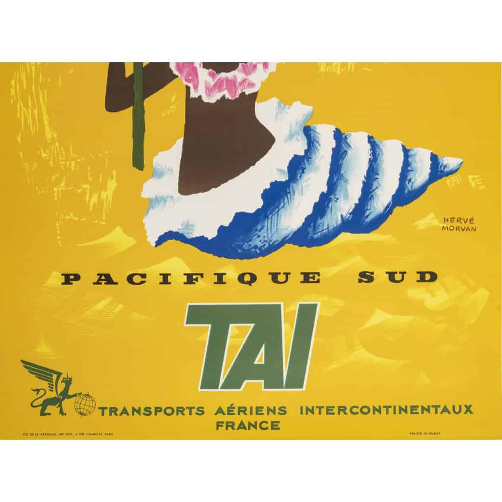 Affiche Originale, Morvan, TAI Pacifique Sud, Tahiti, Coquillage, Palmier, 1955 Affiche Originale, Morvan, TAI Pacifique Sud, Tahiti, Coquillage, Palmier, 1955