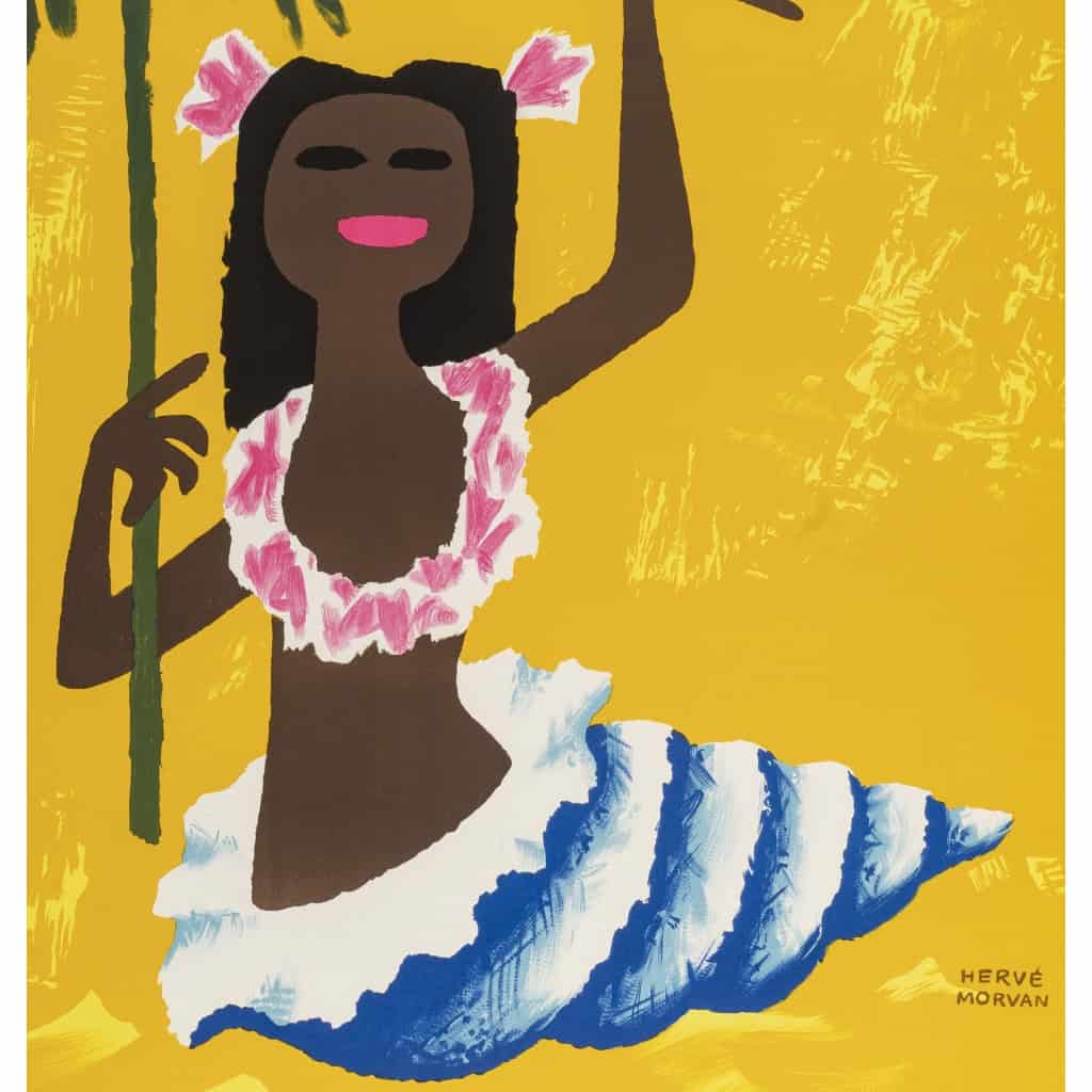 Affiche Originale, Morvan, TAI Pacifique Sud, Tahiti, Coquillage, Palmier, 1955 Affiche Originale, Morvan, TAI Pacifique Sud, Tahiti, Coquillage, Palmier, 1955