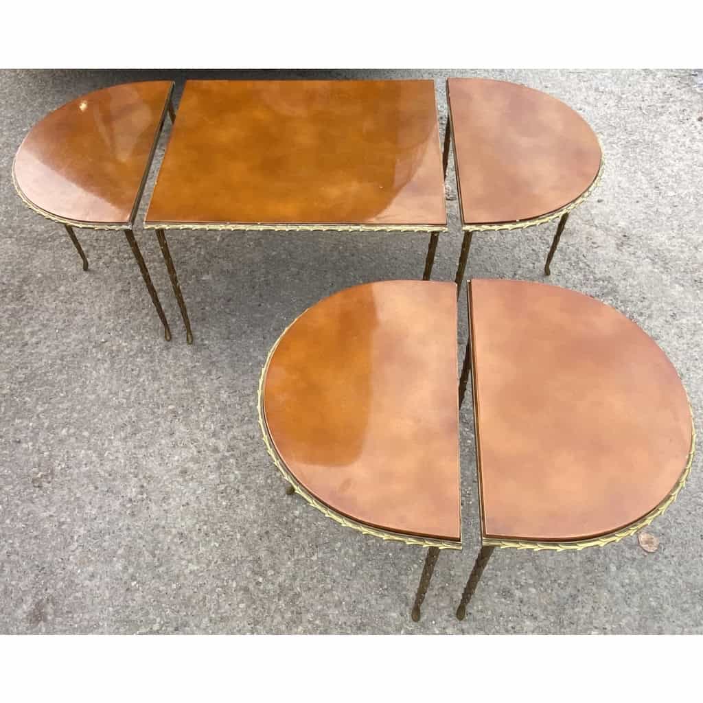 1970′ Table Tripartite Et Ses 2 Consoles Maison Charles Décor Palmier en Bronze Doré avec Plateaux Laqués |||||||||||