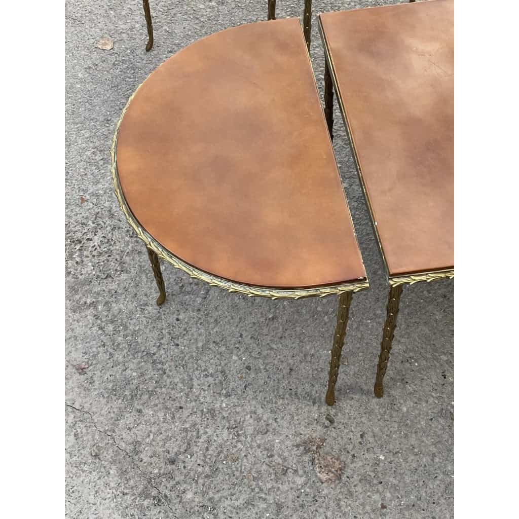 1970′ Table Tripartite Et Ses 2 Consoles Maison Charles Décor Palmier en Bronze Doré avec Plateaux Laqués 1970′ Table Tripartite Et Ses 2 Consoles Maison Charles Décor Palmier en Bronze Doré avec Plateaux Laqués