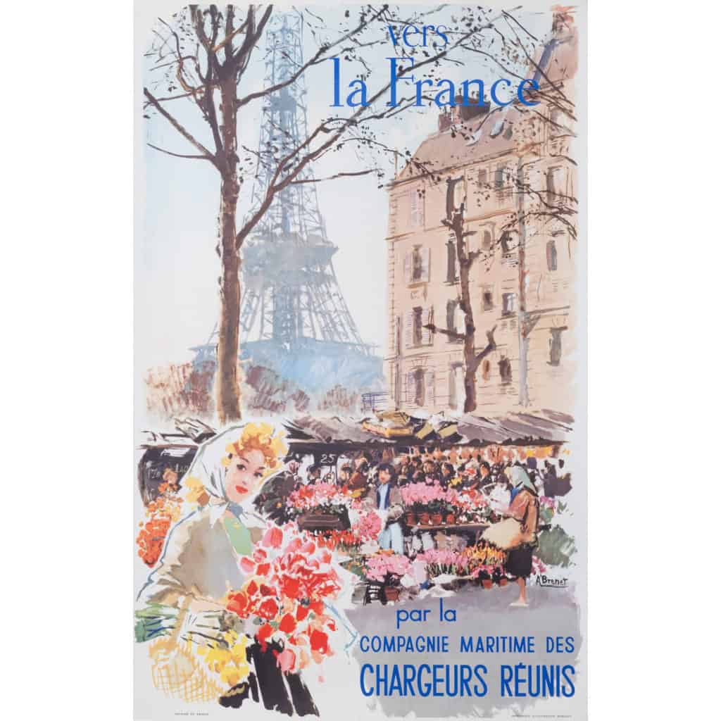 Affiche Originale, Brenet, France Paris Tour Eiffel, Chargeurs Reunis Fleur 1950 ||