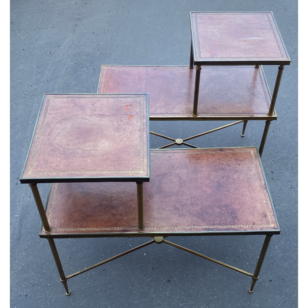 1970′ Paire De Tables à Étage En Bronze Patiné Gainées De Cuir Maison Jansen |||||||||||