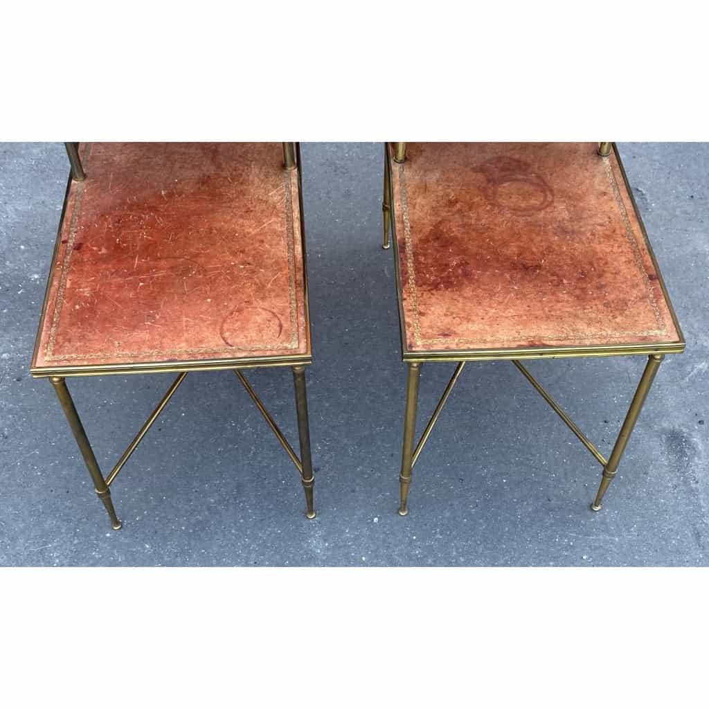 1970′ Paire De Tables à Étage En Bronze Patiné Gainées De Cuir Maison Jansen 1970′ Paire De Tables à Étage En Bronze Patiné Gainées De Cuir Maison Jansen