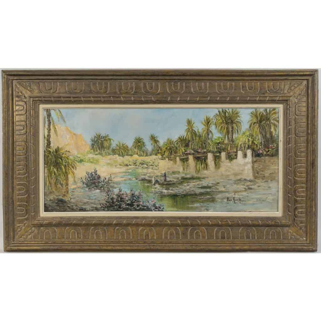 Huile sur toilepar Pierre AUZOLE ( Orientaliste ) "OASIS" sud Algérien ou Maroc XIX ème siècle ||||||||