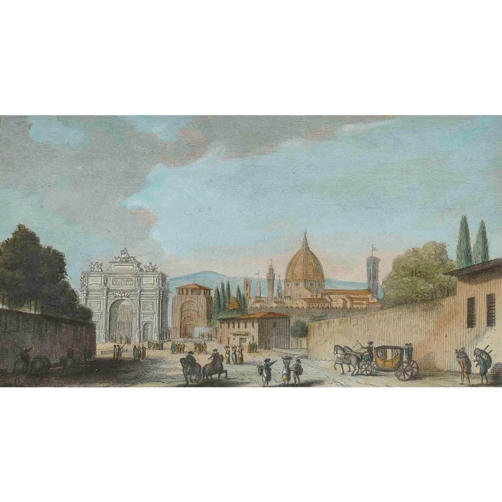 Six gravures rehaussées à la gouache représentant Florence Italie vers 1810-1820 Six gravures rehaussées à la gouache représentant Florence Italie vers 1810-1820