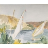 Dessin à l’aquarelle sur papier de Evelyne Luez représentant une paysage d’Egypte avec des voiliers, 1960-80. ||||||