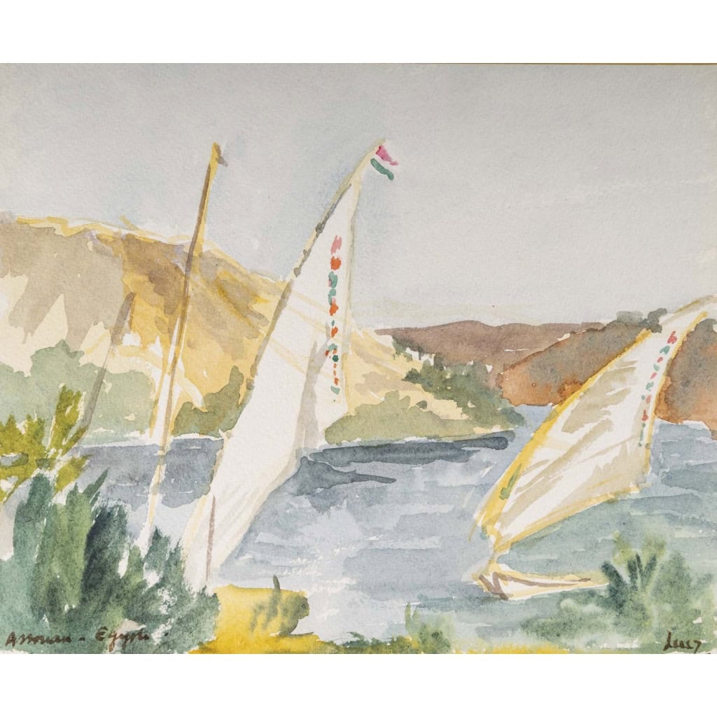 Dessin à l’aquarelle sur papier de Evelyne Luez représentant une paysage d’Egypte avec des voiliers, 1960-80. ||||||