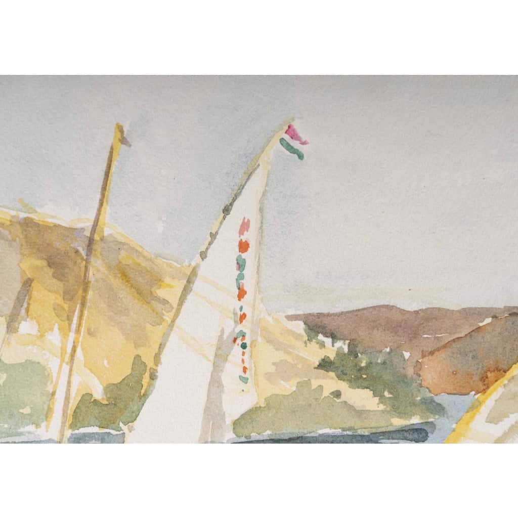 Dessin à l’aquarelle sur papier de Evelyne Luez représentant une paysage d’Egypte avec des voiliers, 1960-80. Dessin à l’aquarelle sur papier de Evelyne Luez représentant une paysage d’Egypte avec des voiliers, 1960-80.