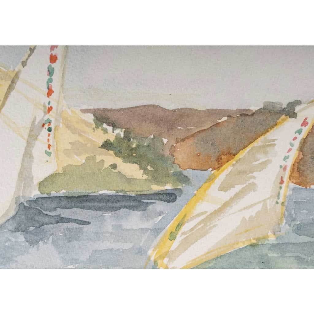 Dessin à l’aquarelle sur papier de Evelyne Luez représentant une paysage d’Egypte avec des voiliers, 1960-80. Dessin à l’aquarelle sur papier de Evelyne Luez représentant une paysage d’Egypte avec des voiliers, 1960-80.