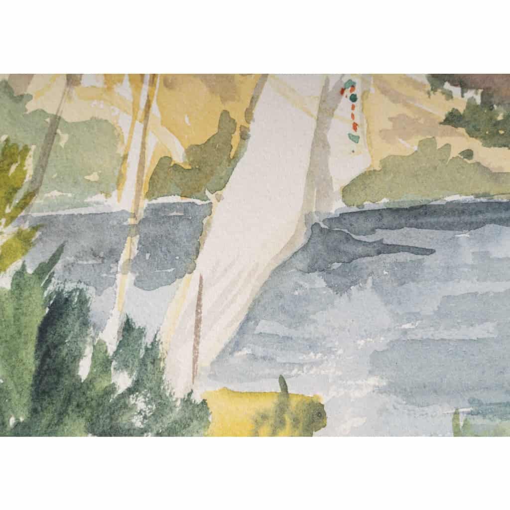 Dessin à l’aquarelle sur papier de Evelyne Luez représentant une paysage d’Egypte avec des voiliers, 1960-80. Dessin à l’aquarelle sur papier de Evelyne Luez représentant une paysage d’Egypte avec des voiliers, 1960-80.