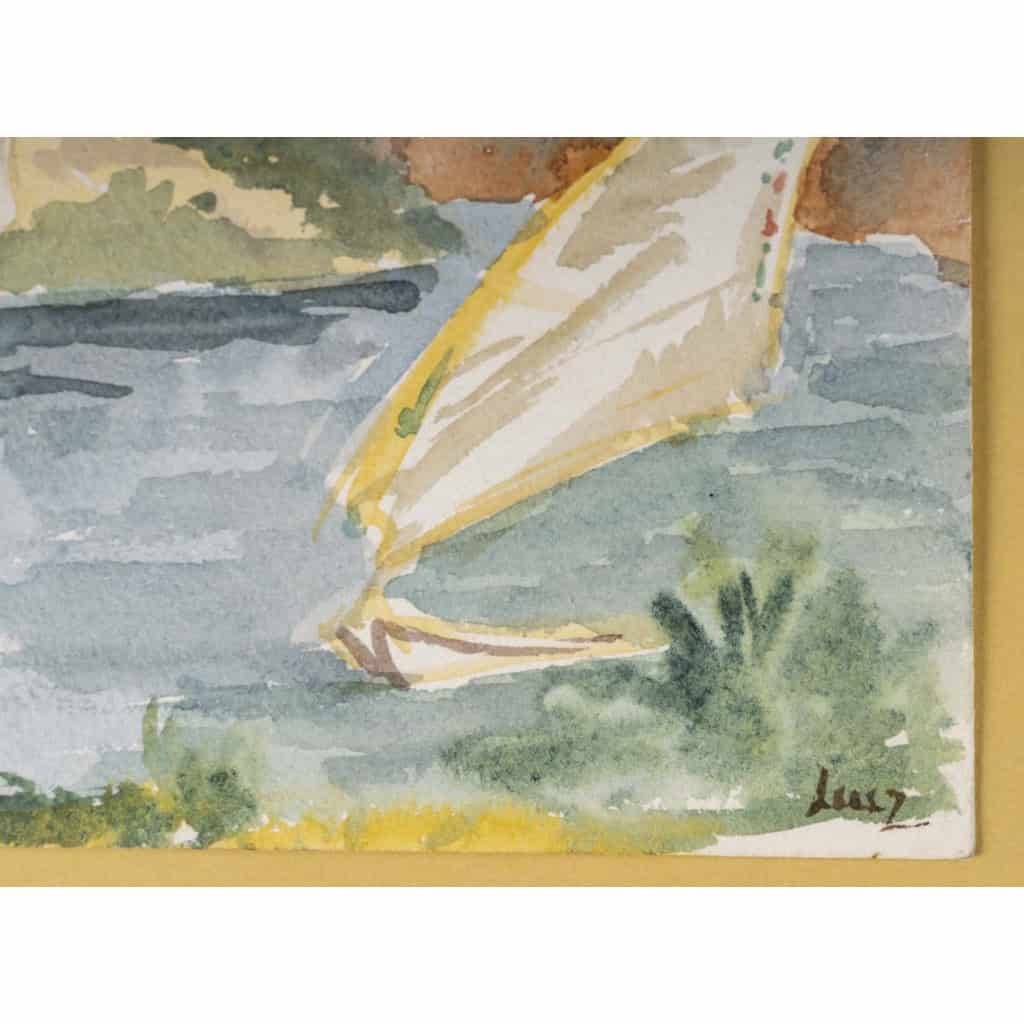 Dessin à l’aquarelle sur papier de Evelyne Luez représentant une paysage d’Egypte avec des voiliers, 1960-80. Dessin à l’aquarelle sur papier de Evelyne Luez représentant une paysage d’Egypte avec des voiliers, 1960-80.